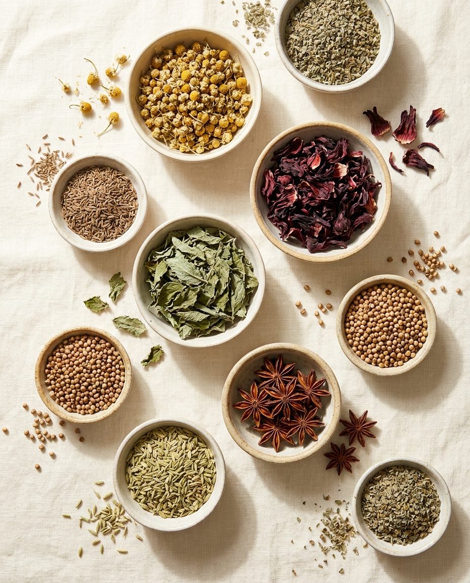 Dried chamomile, hibiscus, peppermint and seed spices