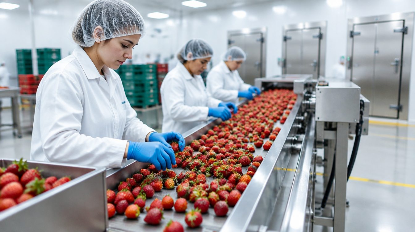 Strawberries being sorted on a stainless steel processing line